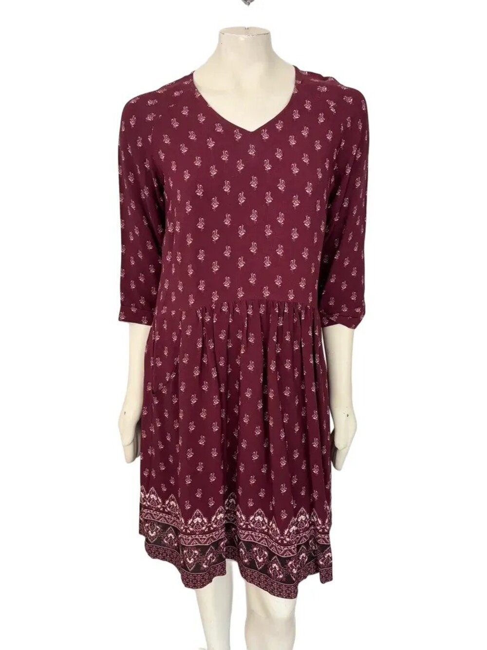 GARNET HILL Drop Waist Slouchy Pocket Bohemian Dress in Maroon SZ 8